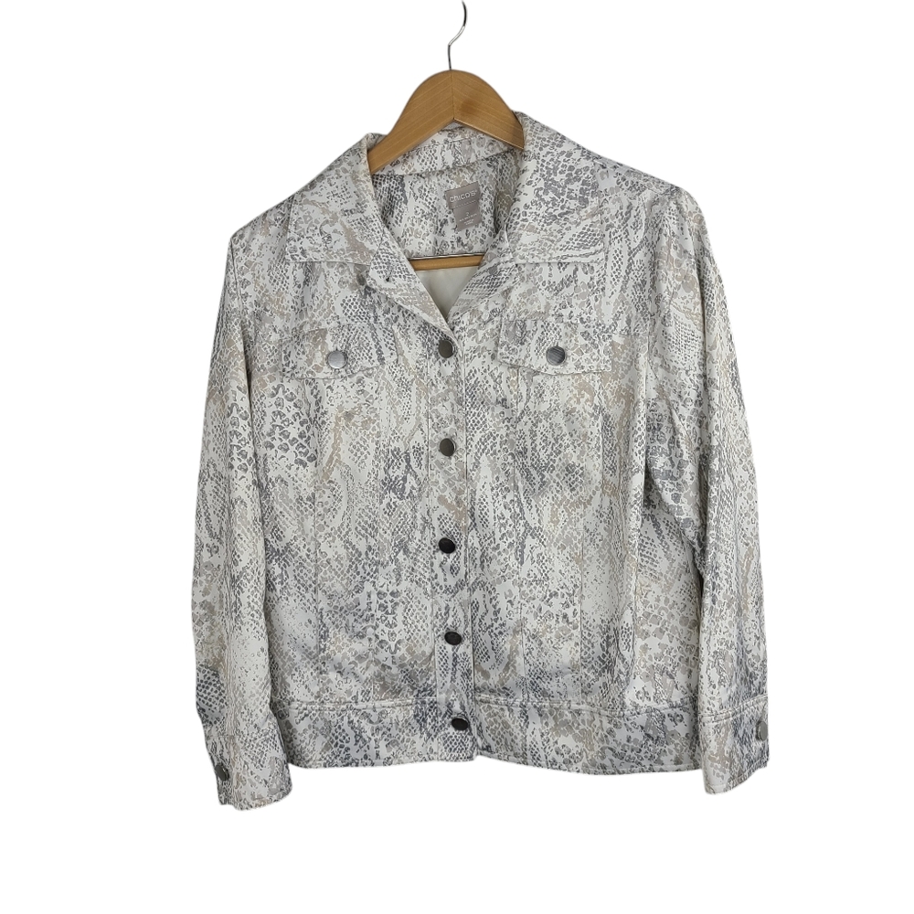 Chico's Python Print Satin Denim jacket size 2 (12/14)
